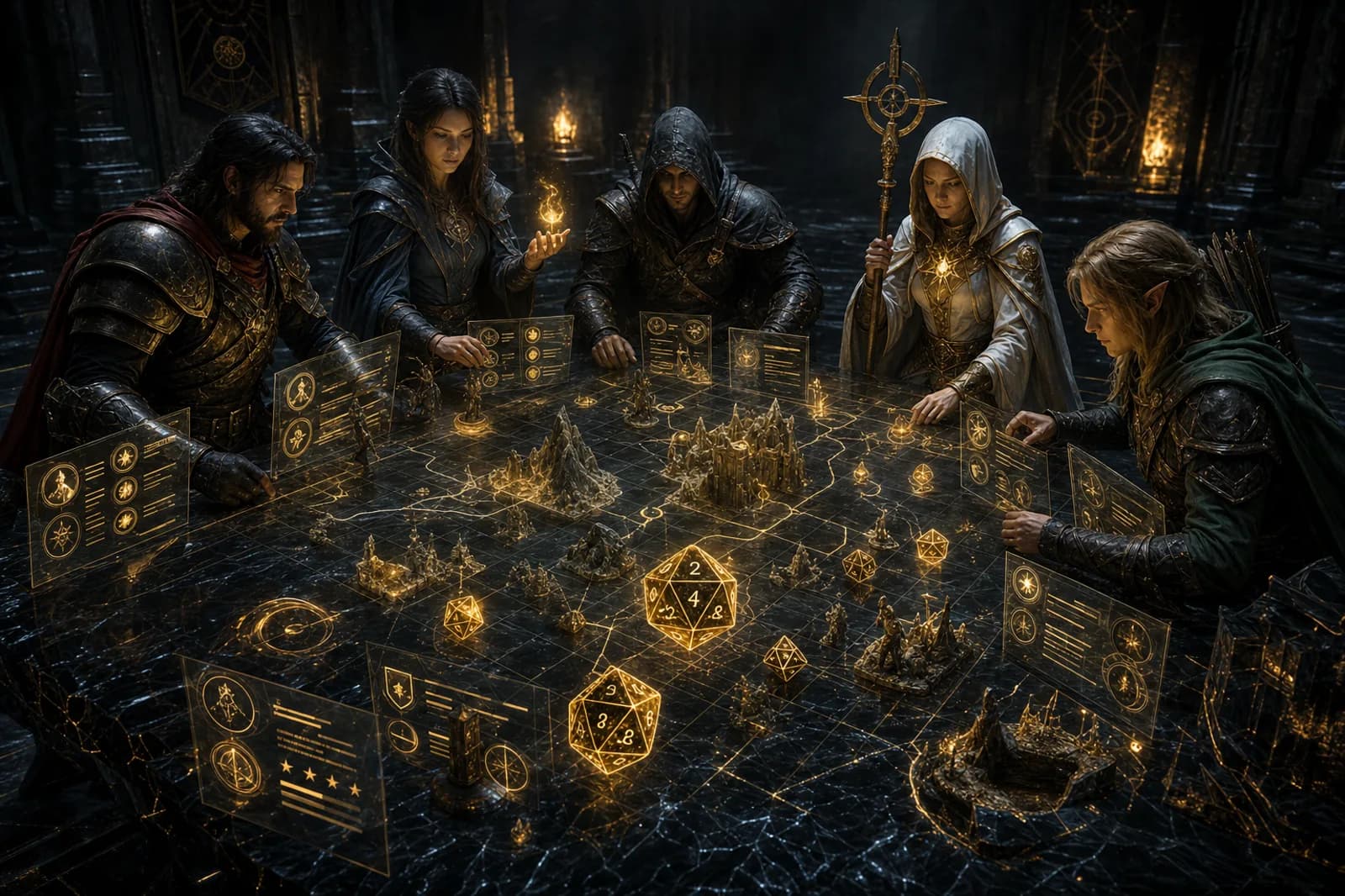Eidolon Realms adventuring party gathered around a glowing tactical table